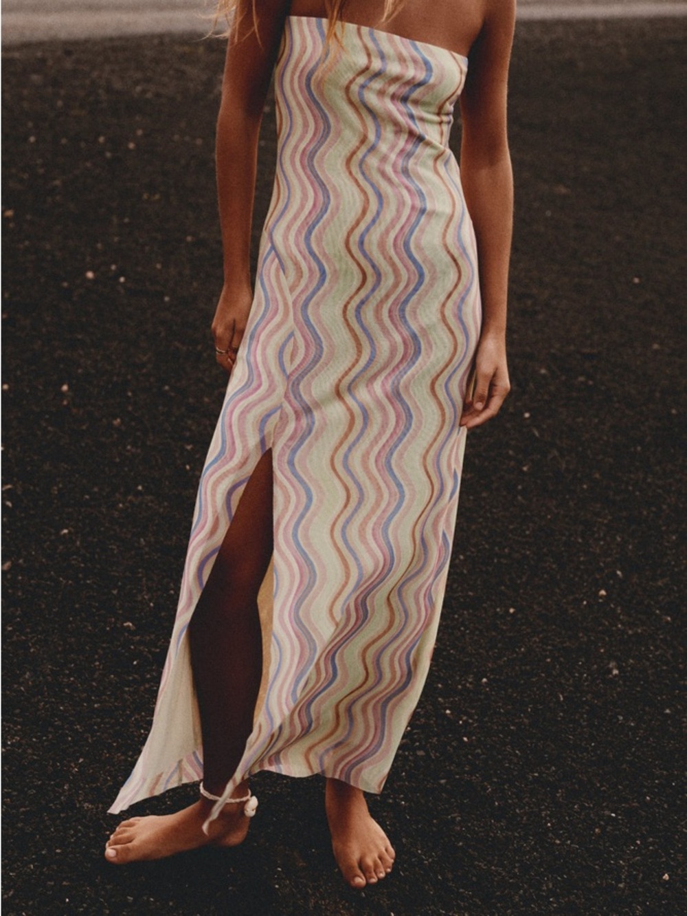 Zara NWT Strapless Wavy-Print Mesh Maxi Dress